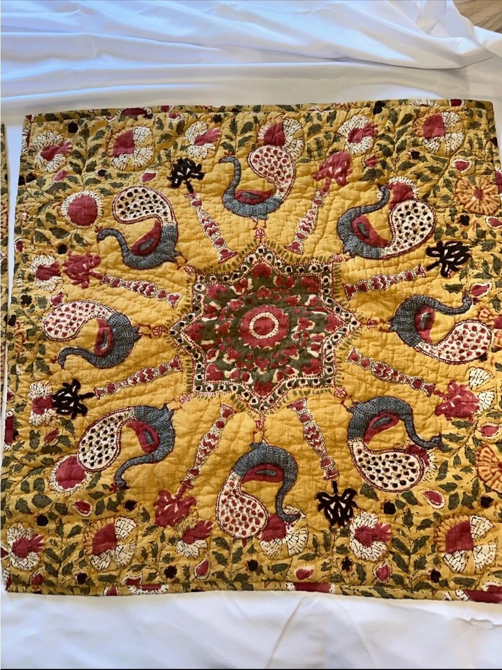 Pottery Barn Quilted Mustard Colored Euro Shams Peacock Bird Pattern Lot of 2